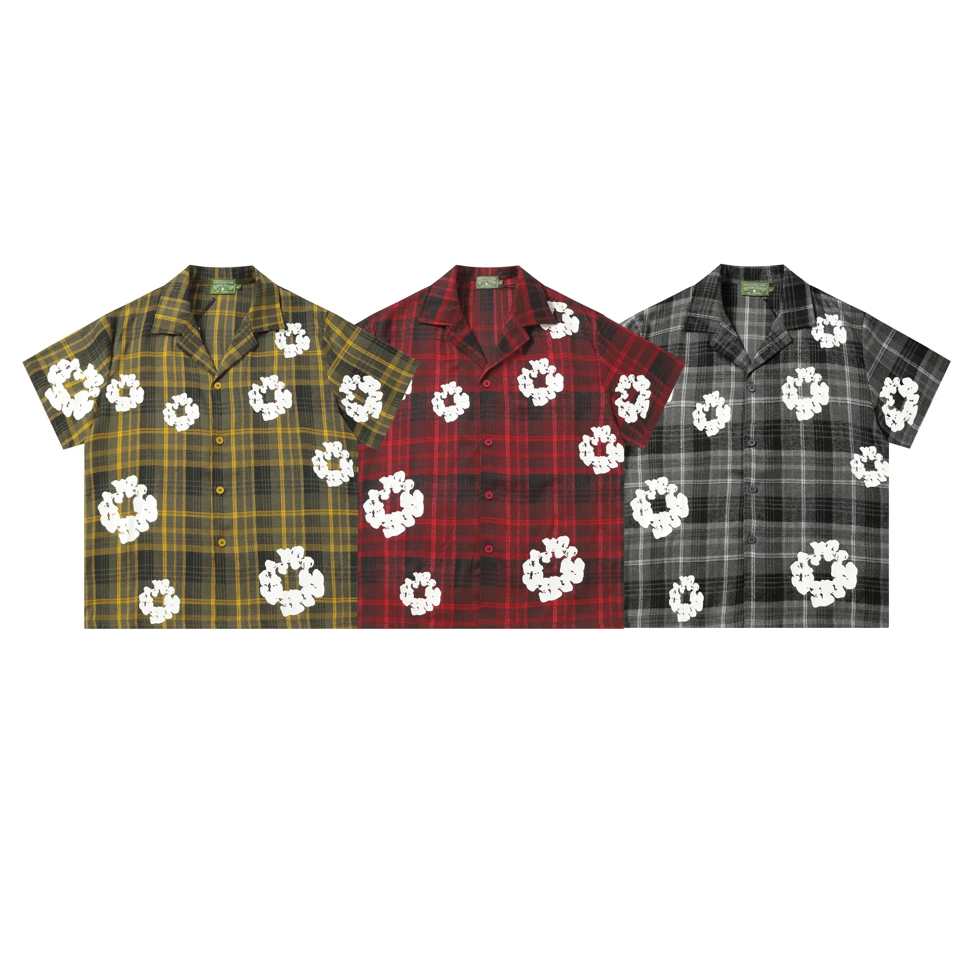 P116 388 DENIM TEARS Kapok European and American trendy brand high-quality plaid short-sleeved shirt set Color Red Gray Yellow Size S-XL